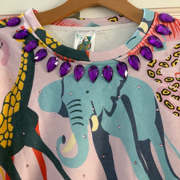 QUEEN OF SPARKLES Multicolor Animal Jungle Print Sweatshirt Gemstones Sparkly L - Picture 2 of 15